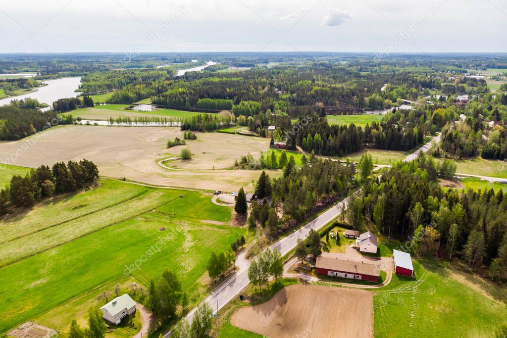 Aerial panoramic view of Huruksela near the river Kymijoki, Finland.