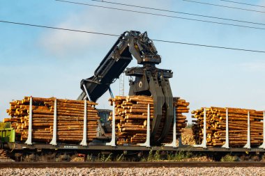Kouvola, Finlandiya - 24 Eylül 2020: Kağıt fabrikası Stora Enso 'da vagonlardan kereste boşaltımı