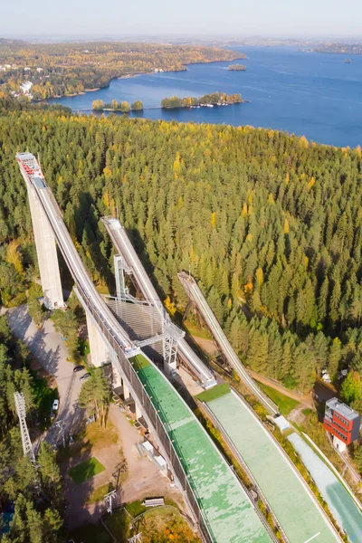 Vista Aérea Centro Esportivo Lahti Com Três Torres Salto Esqui — Fotografia de Stock