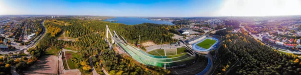 Aerial Panoramic View Lahti Sports Centre Three Ski Jump Towers — Stock Photo, Image