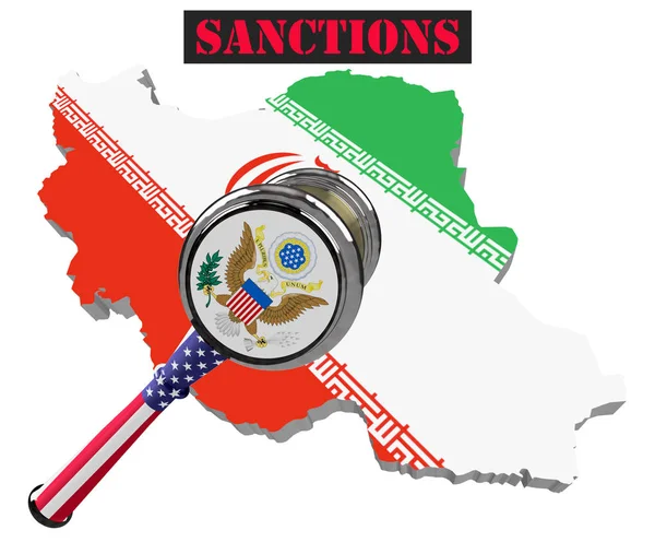 Iran haritası. Amerika Birleşik Devletleri yaptırımlar Rusya'ya karşı. Yargıç çekiç Amerika Birleşik Devletleri, bayrak ve amblemi. 3D çizim. Beyaz arka plan üzerinde izole.