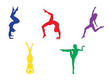 Yoga egzersizleri yapıyor kadın siluetleri. Germe ve vücudu farklı yoga teşkil rahatlatıcı esnek kız simgeler. Beyaz arka plan üzerinde izole kadın şekilleri renklendirme