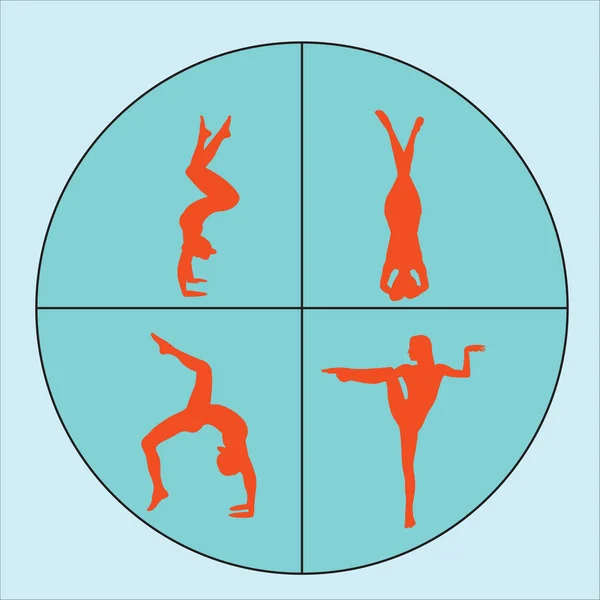 女人做瑜伽练习的剪影 灵活的女孩的图标伸展和放松她的身体在不同的瑜伽姿势 白色背景下女性的颜色形态 — 图库矢量图片