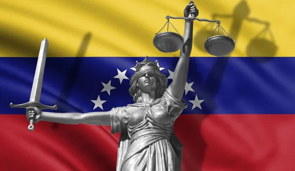 Cover about Law. Statue of god of justice Themis with Flag of Venezuela background. Original Statue of Justice. Femida, with scale, symbol of justice with waving Venezuela flag, 3d rendering. - Illustration