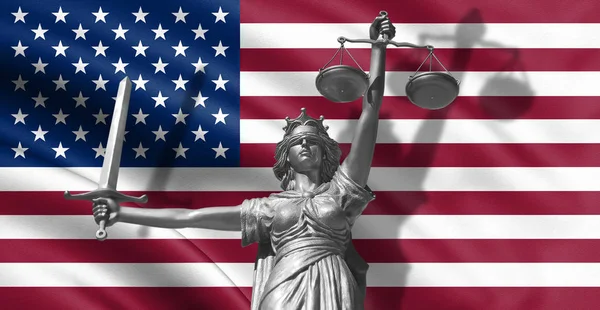 Cover about Law. Statue of god of justice Themis with Flag of USA background. Original Statue of Justice. Femida, with scale, symbol of justice with USA flag 3d rendering. - Illustration