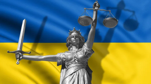 Cover about Law. Statue of god of justice Themis with Flag of Ukraine background. Original Statue of Justice. Femida, with scale, symbol of justice with Ukraine flag, 3d rendering. - Illustration