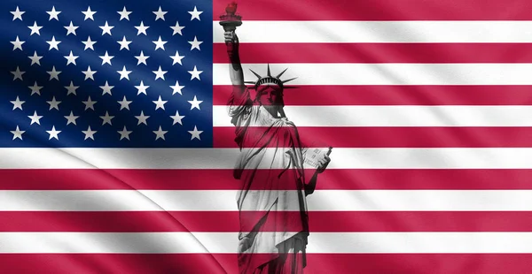 Socha Svobody Vlajkou Usa Pozadí Renderin Ilustraci Čtvrtého Července Den — Stock fotografie