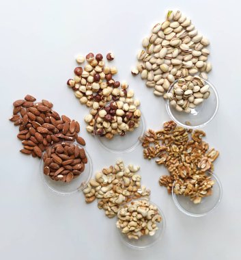 Sağlıklı gıda. Fındık Taş Masa üstü görünümünde ürün yelpazesine karıştırın. Arka plan görüntüsü için farklı baklagiller topluluğu yakın fındık, Antep fıstığı, badem, kaju fıstığı, fıstık, ceviz kadar. görüntü