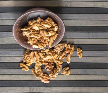 Arka plan görüntüsü için sağlıklı gıda ceviz kadar kapatın. Üstten Görünüm Kupası plaka üzerinde fındık doku