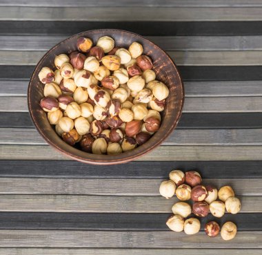 Arka plan görüntüsü için sağlıklı gıda fındık kadar kapatın. Fındık doku üzerinde Üstten Görünüm