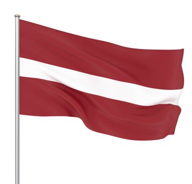 Letonya bayrağı rüzgarda esiyor. Arka plan dokusu. 3d render, dalga. Beyaz üzerine izole.