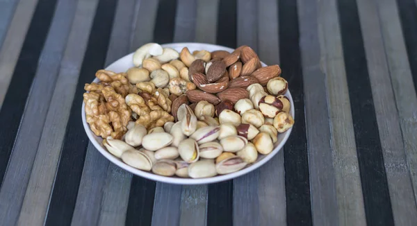 Comida Saludable Nueces Mezclan Surtido Piedra Textura Vista Superior Colección — Foto de Stock