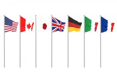 G7 bayrakları İpek Yedi Kanada Grubu Almanya İtalya Fransa Japonya Amerika Birleşik Devletleri İngiltere 2019 ülkelerin in bayrakları sallayarak. Büyük Yedili. Beyaz üzerine izole edilmiş. 3d illüstrasyon.
