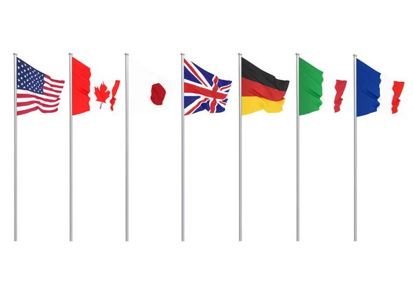 G7フラグシルクは 7カナダドイツイタリアフランス日本アメリカ州2019年のグループの国の旗を振る ビッグ セブン白で隔離された3Dイラスト — ストック写真