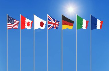 Yedi Kanada, Almanya, Italya, Fransa, Japonya, ABD Devletleri, Birleşik Krallık grup ülkeleri G7 bayrakları sallıyor ipek. Mavi gökyüzü arka plan. Fransa 'da büyük G7 2019. 3D çizim.