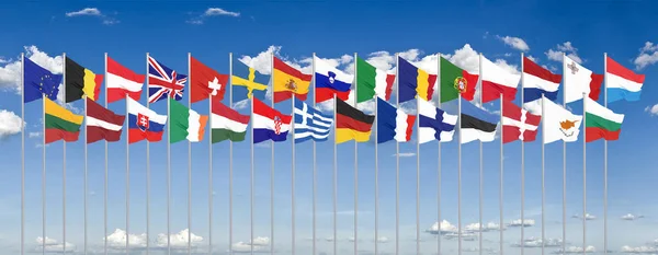 Jedwab Wymachując Flagami Krajów Unii Europejskiej Niebieskie Tło Nieba Ilustracja — Zdjęcie stockowe