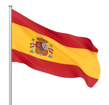 İspanya bayrağı rüzgarda esiyor. Arka plan dokusu. 3d render; Dalga. Beyaz üzerine izole edilmiş. Illüstrasyon.