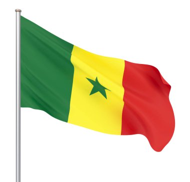 Senegal bayrağı rüzgarda esiyor. Arka plan dokusu. 3d render, dalga. Beyaz üzerine izole.