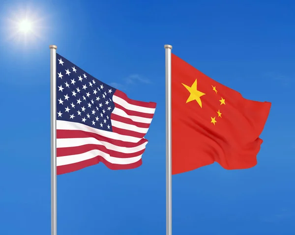 United States of America vs China. Thick colored silky flags of America and China. 3D illustration on sky background. - Illustration