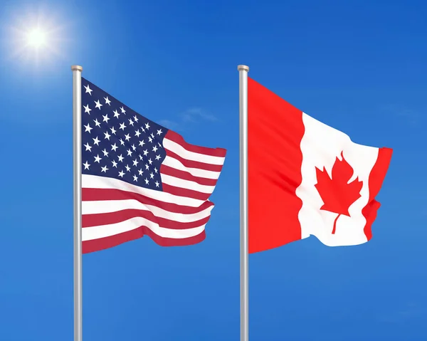 美利坚合众国诉加拿大案 美国和加拿大厚重的彩色丝质国旗 3D天空背景图解 — 图库照片