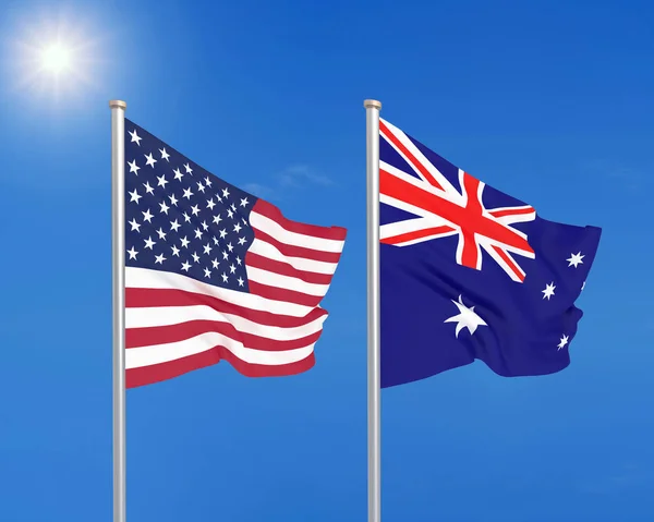 Förenta Staterna Mot Australien Tjocka Färgade Silkeslena Flaggor Amerika Och — Stockfoto