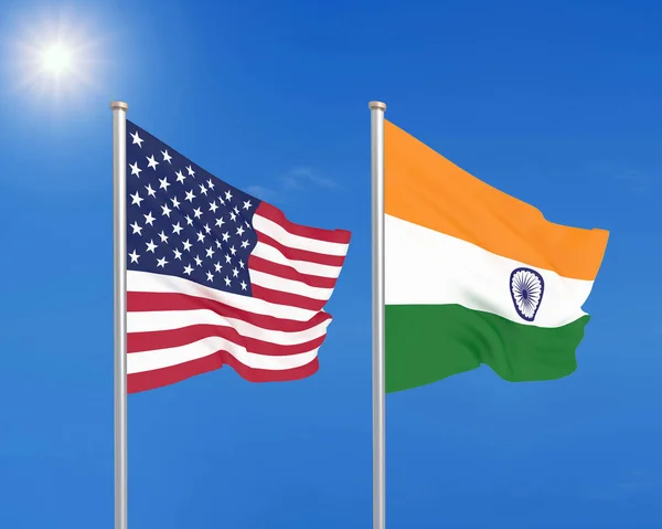 United States of America vs India. Thick colored silky flags of America and India. 3D illustration on sky background. - Illustration