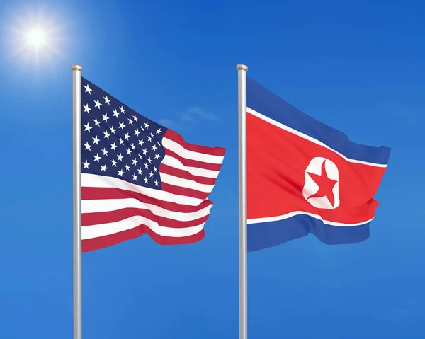 Estados Unidos América Coreia Norte Bandeiras Seda Grossas Coloridas América — Fotografia de Stock