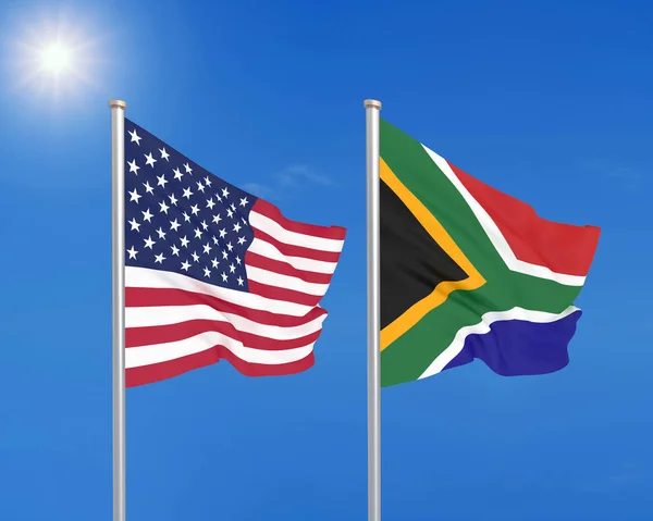 United States of America vs South Africa. Thick colored silky flags of America and South Africa. 3D illustration on sky background. - Illustration