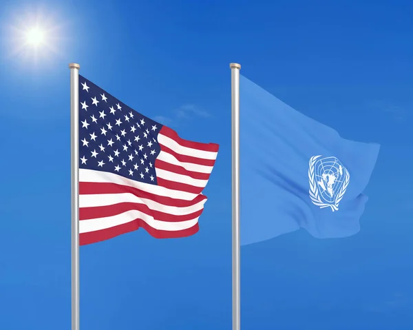 United States of America vs United Nations Organization. Thick colored silky flags of America and United Nations Organization. 3D illustration on sky background. - Illustration