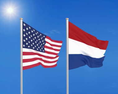 Amerika Birleşik Devletleri Hollanda 'ya karşı. Amerika ve Hollanda 'nın kalın renkli ipek bayrakları. Gökyüzü arka planında 3D çizim. - Resim.