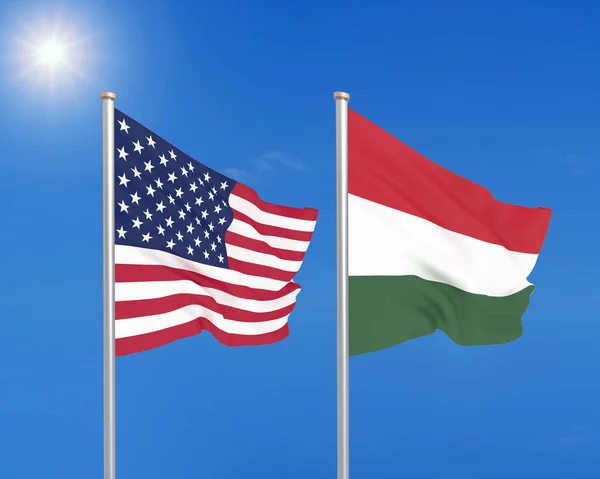 Сполучені Штати Америки Проти Угорщини Товсті Кольорові Шовкові Прапори Америки — стокове фото
