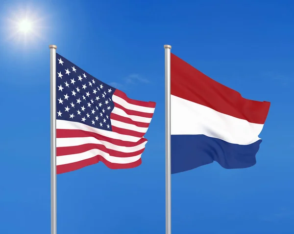 Förenta Staterna Mot Nederländerna Tjocka Färgade Silkeslena Flaggor Amerika Och — Stockfoto