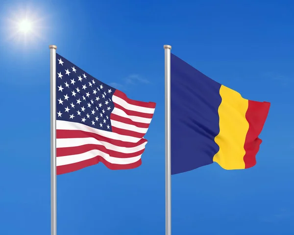 美利坚合众国诉罗马尼亚案 美国和罗马尼亚厚重的彩色丝质国旗 3D天空背景图解 — 图库照片