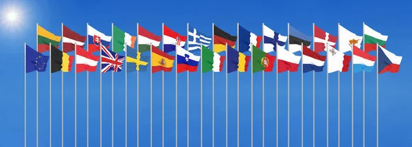Seta sventola 28 bandiere dei paesi dell'Unione europea. Cielo blu ba — Foto Stock