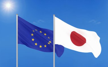 Avrupa Birliği vs Japonya. Avrupa Birliği ve Japonya kalın renkli ipeksi bayraklar