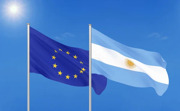 Europeiska Unionen Mot Argentina Tjocka Färgade Silkeslen Flaggor Europeiska Unionen — Stockfoto