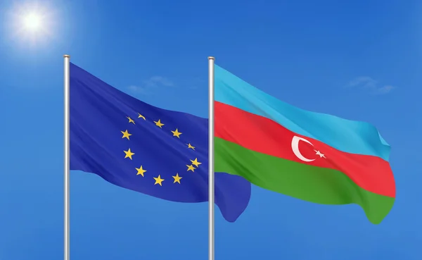 欧洲联盟 阿塞拜疆 欧盟和阿塞拜疆的厚彩色丝绸旗帜 天空背景上的 — 图库照片