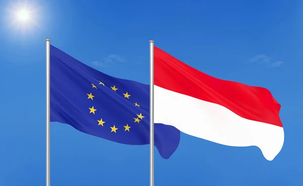 Europese Unie Indonesië Dikke Gekleurde Zijdeachtige Vlaggen Van Europese Unie — Stockfoto