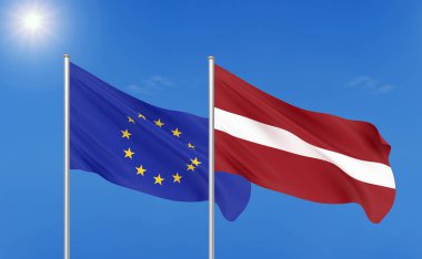 Avrupa Birliği vs Letonya. Avrupa Birliği ve Letonya kalın renkli ipeksi bayraklar. Gökyüzü arka plan üzerinde 3d illüstrasyon. - İllüstrasyon