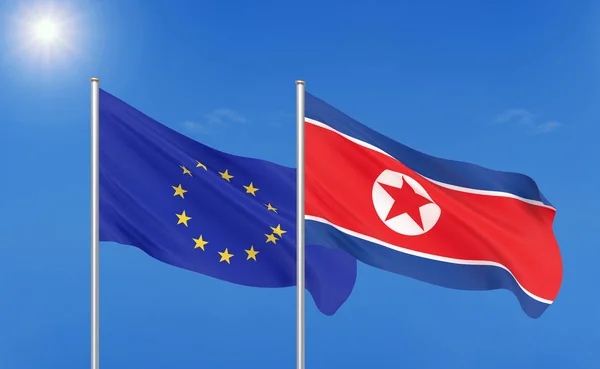 Unione Europea Contro Corea Del Nord Bandiere Seta Colore Spesso — Foto Stock