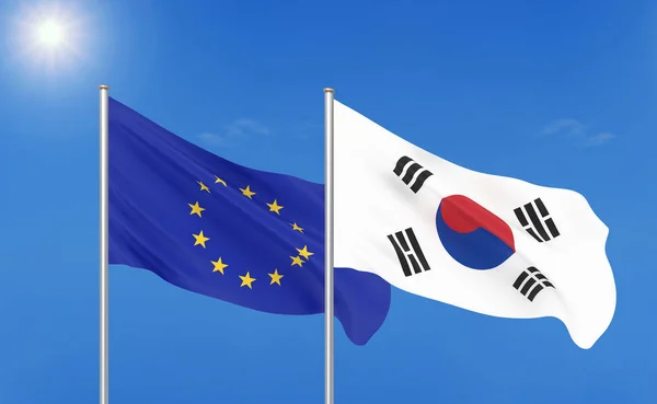 Unione Europea Contro Corea Del Sud Bandiere Seta Colore Spesso — Foto Stock