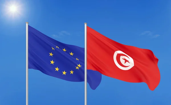 Europäische Union Gegen Tunesien Dicke Farbige Seidene Flaggen Der Europäischen — Stockfoto