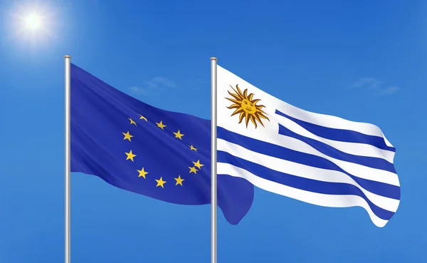 Európai Unió Uruguay Vastag Színes Selymes Zászlók Európai Unió Uruguay — Stock Fotó