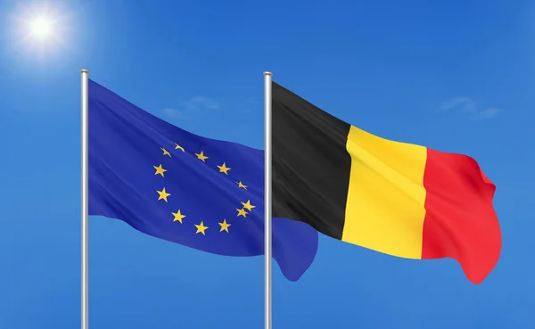 Europäische Union Gegen Belgien Dicke Farbige Seidene Flaggen Der Europäischen — Stockfoto