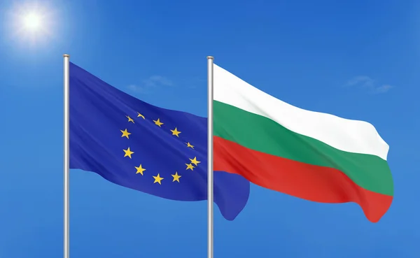 保加利亚欧盟和保加利亚的厚彩色丝绸旗帜 天空背景上的 — 图库照片