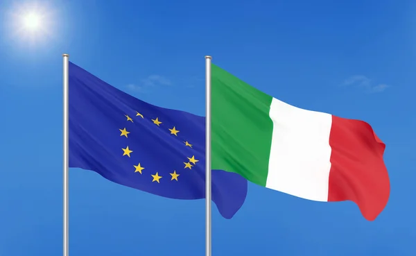 Европейский Союз Против Италии Толстые Шелковистые Флаги Европейского Союза Италии — стоковое фото