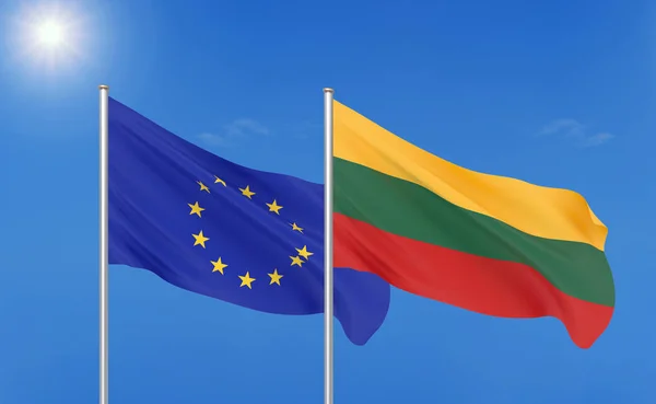欧洲联盟 立陶宛 欧盟和立陶宛的厚彩色丝绸旗帜 天空背景上的 — 图库照片