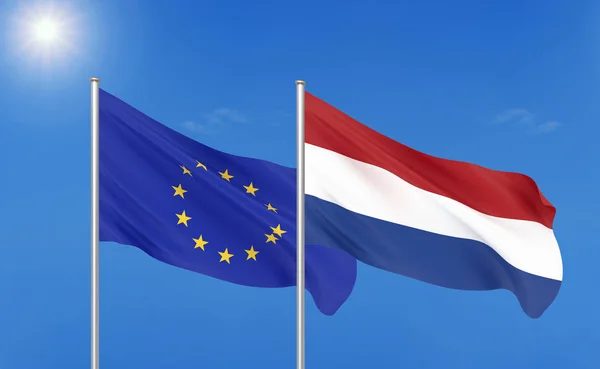 Europese Unie Nederland Dikke Gekleurde Zijdeachtige Vlaggen Van Europese Unie — Stockfoto