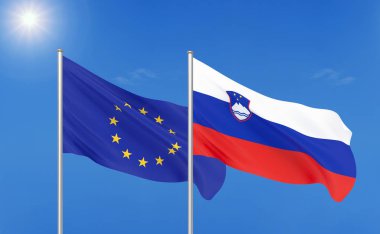 Avrupa Birliği vs Slovenya. Avrupa Birliği ve Slovenya kalın renkli ipeksi bayraklar. Gökyüzü arka plan üzerinde 3d illüstrasyon. - İllüstrasyon