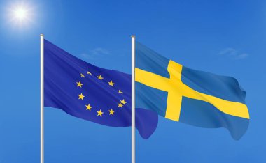 Avrupa Birliği - İsveç. Avrupa Birliği ve İsveç kalın renkli ipeksi bayraklar. Gökyüzü arka plan üzerinde 3d illüstrasyon. - İllüstrasyon